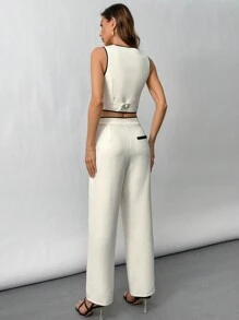 Aveloria Modichic Conjunto de 2 piezas de traje formal de dama de oficina con chaleco y pantalones con ribete contrastante y solapa con botones - Beis - Ver 8