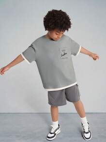 SHEIN Tween Boys' Knitted Patchwork Letter Print Loose Fit T-Shirt With Pocket - Multicolor - View 4