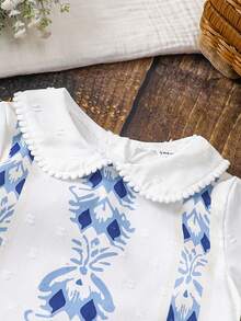 Baby Girl Casual Flower Printed Short Sleeve Jumpsuit, Summer - Blue and White - View 4