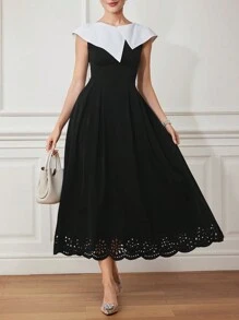Modelyn Women's Summer Elegant Color Block Floral Print Dress With Gathered Waist And Burnt Hem - Black and White - View 3