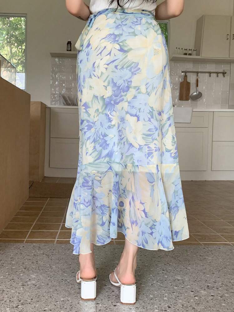 DAZY 女士夏季优雅印花雪纺荷叶边系带裹身裙度假装扮 - 藍色 - 查看 5