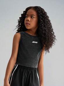 SHEIN Tween Girl Knitted Cropped Tank Top With Snowflake Distressed Print Pattern - Multicolor - View 6