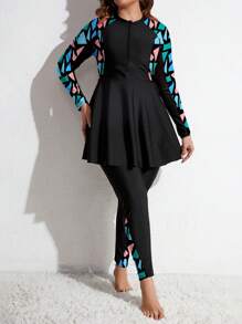 Swim Mulvari Plus Size Color Block Long Sleeve Summer Burkini With Top DesignArabic Clothing - Black - View 3
