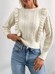 SHEIN PETITE Maglione casual a maniche lunghe con volant di colore unito, adatto per l'uso quotidiano, per donne di taglia petite