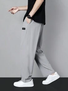 Men Letter Patched Detail Drawstring Waist Trousers - Light Grey - View 3