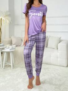 Women's Printed Plaid Casual Pajama Set