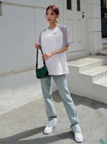DAZY 女士夏季字母印花圆领插肩袖短袖休闲 T 恤度假休闲度假 - 紫色 - 查看 3