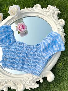 SHEIN Unity Áo crop top có dây buộc phía sau họa tiết kẻ sọc có mặt trước quấn - Màu xanh lam - Xem 4