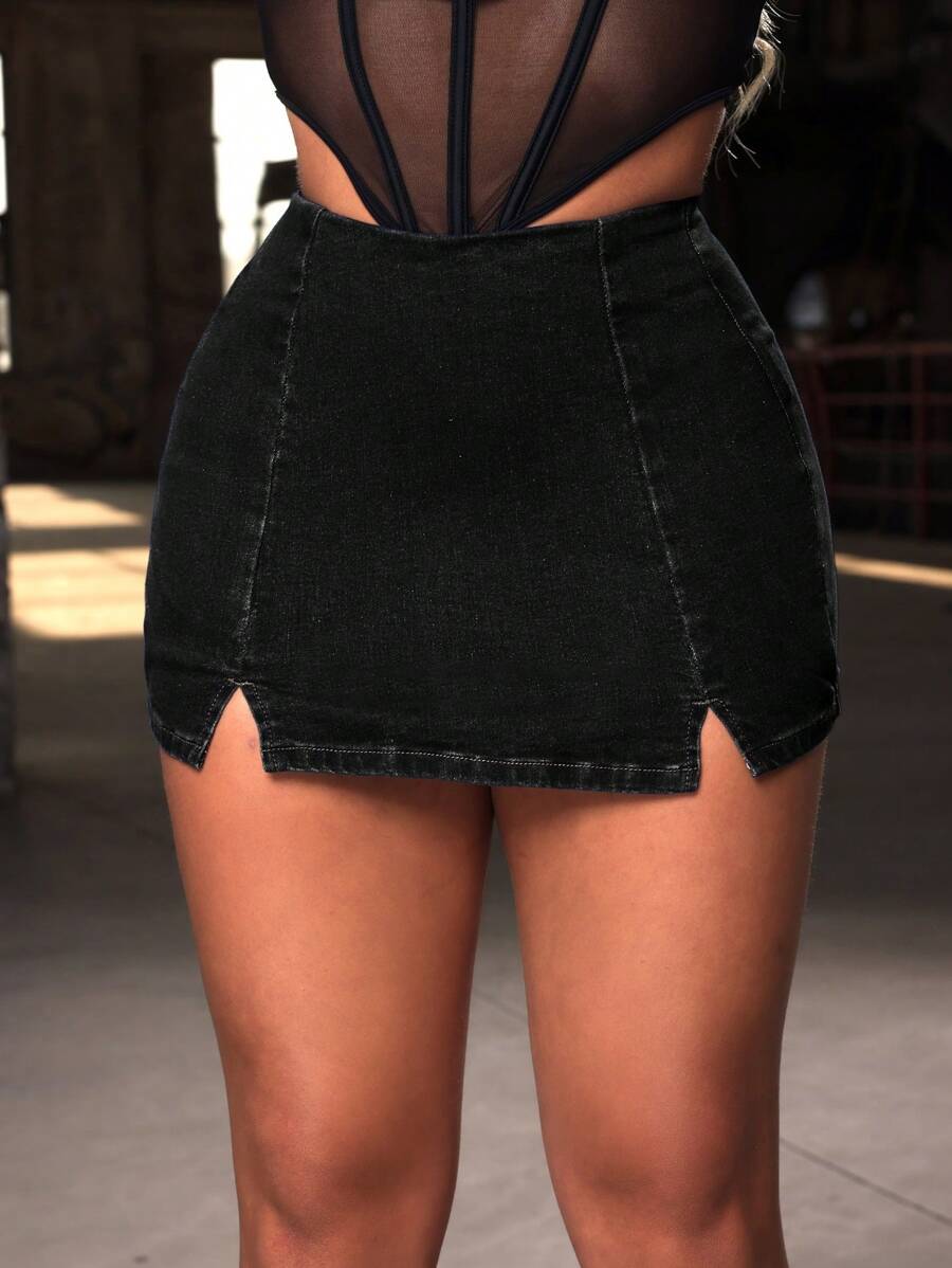 SHEIN SXY 夏季性感高開叉修身迷你牛仔裙 - 黑色 - 查看 1