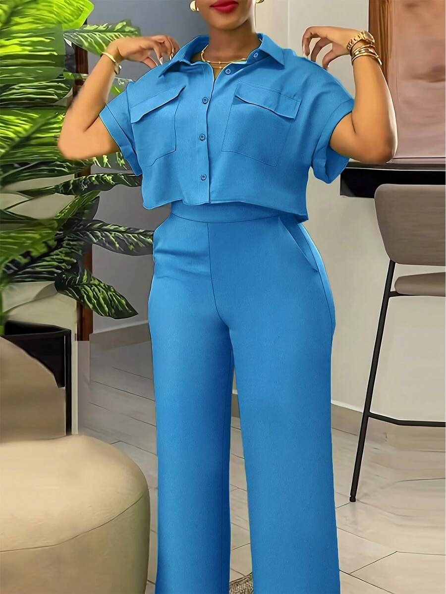 2pcs Summer Casual Solid Color Utility Crop Shirt And Pants Set - Blue - View 1