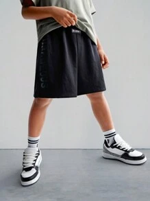 SHEIN Tween Boy Knit Solid Color Letter Print Design Drawstring Shorts With Pockets