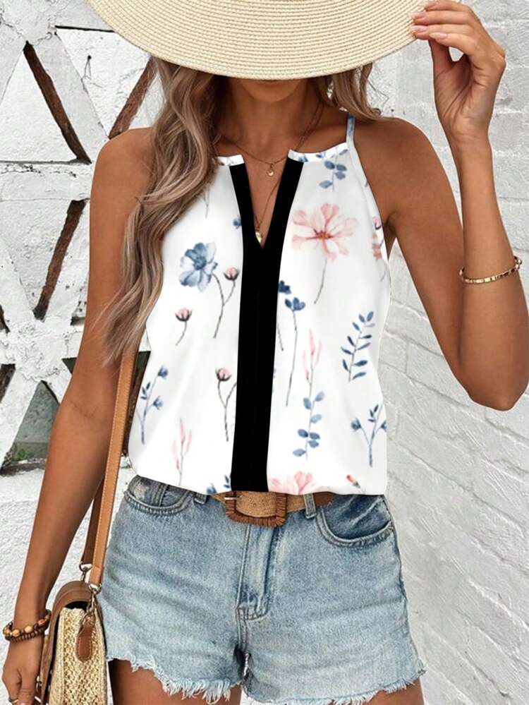Holiday Leisure Color Block Flower Printed Camisole