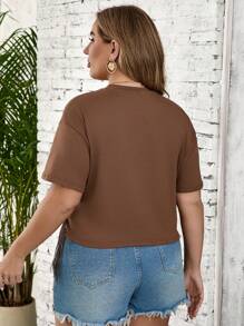 SHEIN LUNE 大码夏季流苏亮片不对称下摆音乐节派对西式休闲 T 恤 - 棕色 - 查看 2