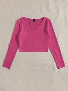 Solid V Neck Crop Tee - Pink - View 5