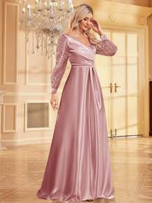XUIBOL Váy dạ hội trang trọng cổ chữ V tay dài bằng vải satin chắp vá đính hạt cho nữ (được tô điểm nhiều) Váy dự tiệc cưới thanh lịch cho khách dự tiệc tối, tốt nghiệp, tiệc tối - Hồng - Xem 5