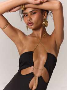 MUSERA 链条装饰长款连衣裙，90年代春季优雅度假伊比沙岛穿搭，假日夜店装扮长裙 - 黑色 - 查看 5