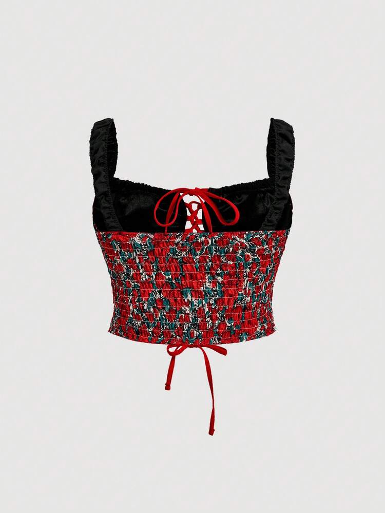 Plus Size Color Block Flower Allover Print Strap Tank Top, Summer Fashion