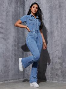 SHEIN EZwear Women's Fashionable Short Sleeve Denim Jumpsuit - Medium Wash - View 4