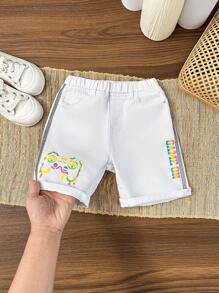 SHEIN Young Boy Stylish Casual Comfort Baggy Denim Lettering And Game Print With Side Reflective Strip Design For Boys Shorts For Vacation And Dailywear - White - View 4