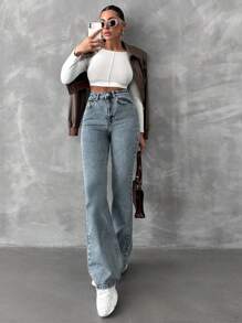 SHEIN Cottnline جينز ذو ساق متدلية ضيق وعادي - أزرق متوسط - مشاهدة 4
