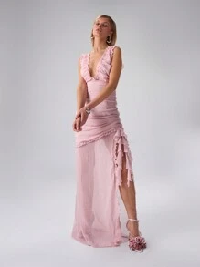 MUSERA Damska sukienka w jednolitym kolorze, dekolt w serek, bez rękawów, letnia, prześwitująca, asymetryczna, z falbankami na dole, seksowna i elegancka, na wiosnę i wyjście