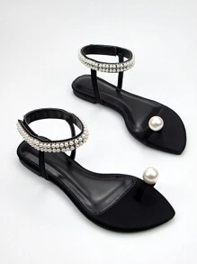 Dép xăng đan nữ thanh lịch, đính ngọc trai giả và đá pha lê, quai ngang mắt cá chân, chất liệu vải Lycra đen, hình trái tim, mũi nhọn, kiểu xỏ ngón, thích hợp đi hàng ngày, dự tiệc, lễ tình nhân, trang phục mùa hè. - màu đen - Xem 2