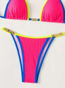 Slaydiva Damen Sommer Strand Bikini in Kontrastfarben mit Neon Detaillierungen, Halterneck und zum Binden, sexy Badeanzug Set - Heißes Pink - Übersicht 6