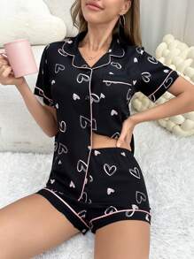 對比色邊緣泡泡紋印花睡衣套裝，配襯領和前開口 - 黑色 - 查看 4