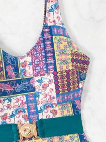 SHEIN Swim Đồ bơi một mảnh có thắt lưng cổ chữ V có in họa tiết toàn thân, hoàn hảo khi đi biển và hồ bơi vào mùa hè - Nhiều màu - Xem 6