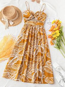 Soleia WYWH Resort Bãi biển nữ Nhiệt đới In hình lá Spaghetti dây đeo màu vàng Váy xoắn phía trước - Nhiều màu - Xem 1