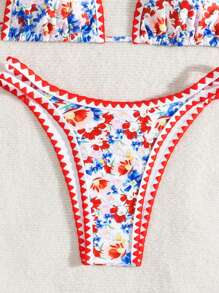 SHEIN Swim Conjunto de bikini sexy para mujeres con estampado floral de vacaciones, estampado al azar - Multicolor - Ver 3