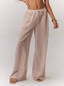 MUSERA 纹理条纹阔腿裤 优雅夏季性感时尚休闲 - 米色 - 查看 1