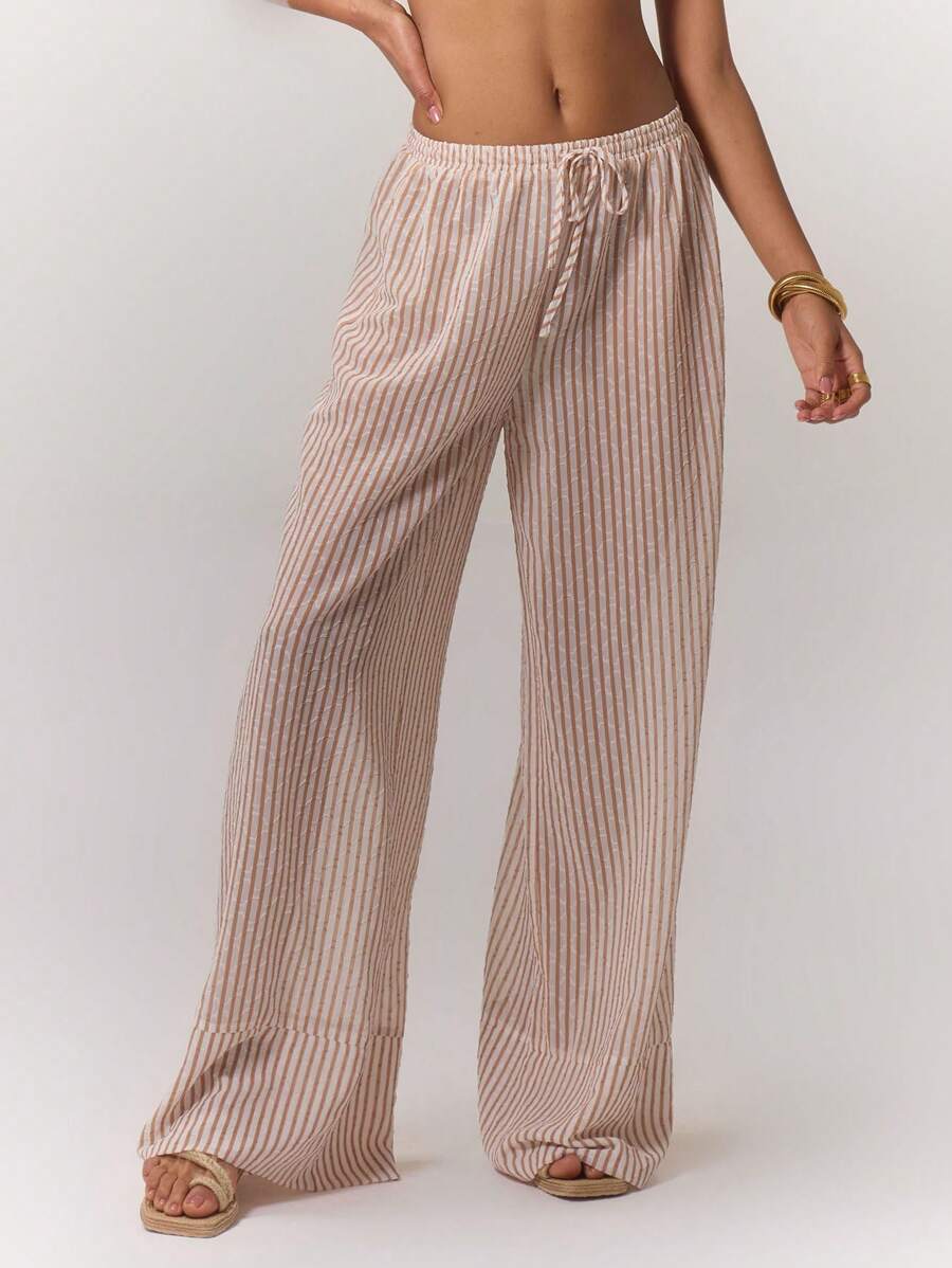MUSERA 纹理条纹阔腿裤 优雅夏季性感时尚休闲 - 米色 - 查看 1