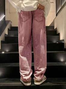 ROMWE MEN Anime Spring Casual Solid Color Star Patched Casual Jeans With Pockets, School - Pink - View 2