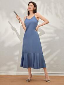 Modelyn Women's Elegant Spaghetti Strap Long Dress And Printed Cover Up 2-Piece Set, Summer Fall Cloth For Women - Blue - View 8