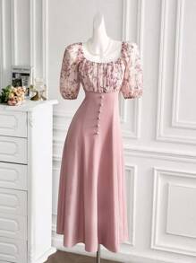 Modelyn 女式優雅短袖方領連身裙，花卉印花和褶皺胸部設計，夏季 - 藕粉色 - 查看 2