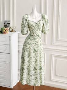 Modelyn Ladies' Random Printed Ruffle Design Dress - Green - View 8