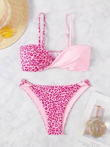 Swim SXY Bộ Bikini Chắp Vá Da Báo Đi Biển Mùa Hè Cho Nữ (In Hình Ngẫu Nhiên), Với Bộ Bikini Gợi Cảm Xoắn Phía Trước Và Bộ Bikini Tách Biệt - Hồng - Xem 3