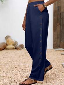 EMERY ROSE Women's Casual Daily Button Design Long Pants - Navy Blue - View 3