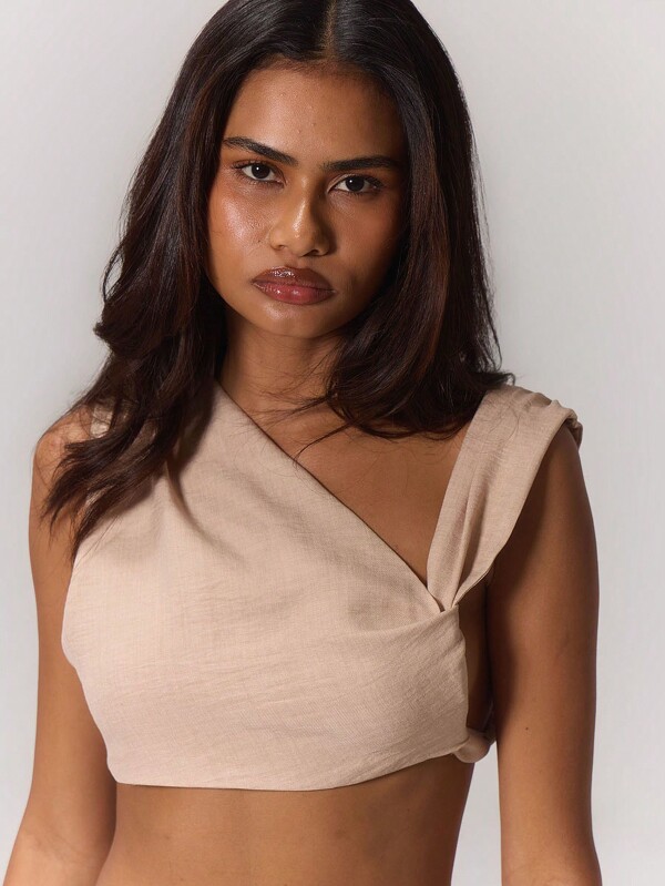 MUSERA Sexy Asymmetric Ruched Crop Tank Top, Summer Solid Color Sleeveless Top Beach Vacation Asymmetrical Shoulder Tops Holiday