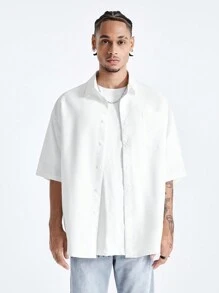 Manfinity RebelGame Men's Printed Loose Short Sleeve Woven Shirt With English Letter Pattern, Suitable For Summer Hip-Hop Style - White - View 2