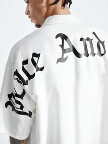 Manfinity RebelGame Men's Printed Loose Short Sleeve Woven Shirt With English Letter Pattern, Suitable For Summer Hip-Hop Style - White - View 7