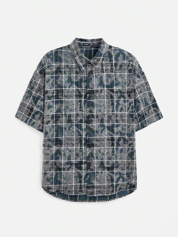Men Spring/Summer Casual Tie-Dyed Grid Pattern Letter Printed Short Sleeve Shirt