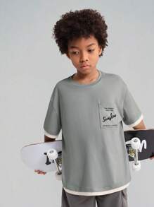 SHEIN Tween Boys' Knitted Patchwork Letter Print Loose Fit T-Shirt With Pocket - Multicolor - View 1