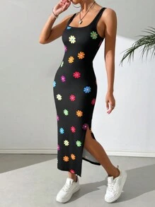SHEIN EZwear 女士雛菊印花針織無袖連身緊身裙，夏季 - 黑色 - 查看 4