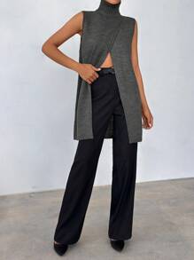 EURMUSE Damen Frenchy Style langer ärmelloser Pullover-Weste mit Schlitzdetails