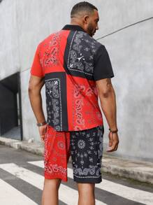 Manfinity Roughcore Men's Plus Size Vacation Style Printed Color Block Short Sleeve Shirt And Shorts Set - Black - View 2