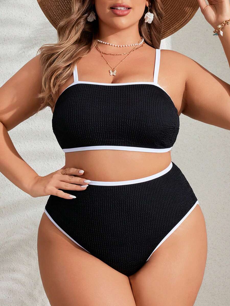 SHEIN Swim Curve Beach Swimwear Set Große Größen für Damen mit Kontrastborte, Sommer - Schwarz - Übersicht 1