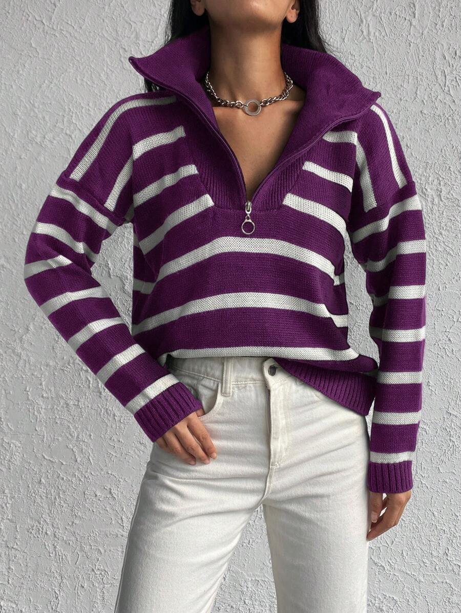 SHEIN Cottnline 女士半拉鍊條紋毛衣套頭衫 - 紫色 - 查看 1