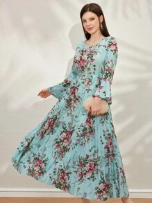 Modelyn Floral Print Ruffle Sleeves Summer Pleated Dress Maxi Women Outfit Long Evening Dresses Fall Cloth For Women - Blue - View 7